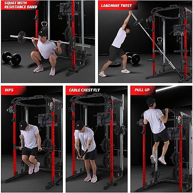 Power Cage, Squat Rack, Multifunctional Weight Cage with Cable Crossover System and LAT Pul