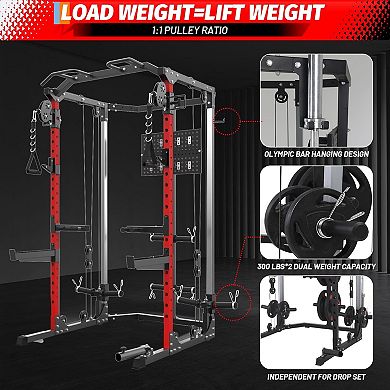 Power Cage, Squat Rack, Multifunctional Weight Cage with Cable Crossover System and LAT Pul