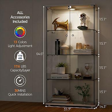4-Tier Display Cabinet with Glass Doors, Cabinet Display, 3-Color Lights for Collectibles, Wine