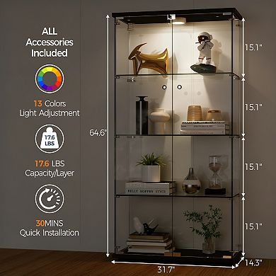 4-Tier Display Cabinet with Glass Doors, Cabinet Display, 3-Color Lights for Collectibles, Wine