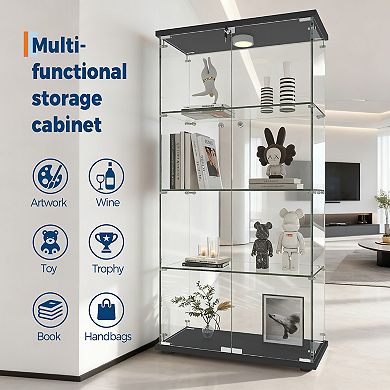 4-Tier Display Cabinet with Glass Doors, Cabinet Display, 3-Color Lights for Collectibles, Wine
