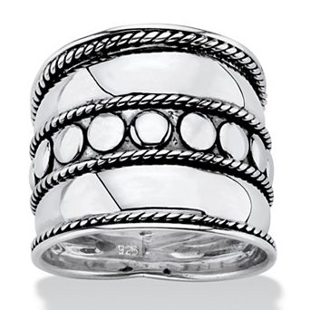 PalmBeach Jewelry Antiqued .925 Sterling Silver Bali Bohemian Cigar-Style Wide Band Ring