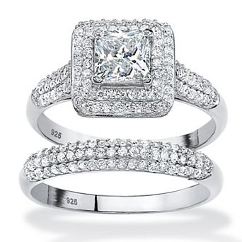 PalmBeach Jewelry 2 pc 1.67 TCW CZ Halo Bridal Ring Set in Platinum-plated Sterling Silver