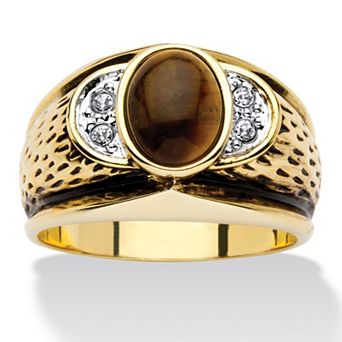 PalmBeach Jewelry Men's Oval-Shaped Genuine Tiger's Eye Gold-Plated Antique-Finish Ring
