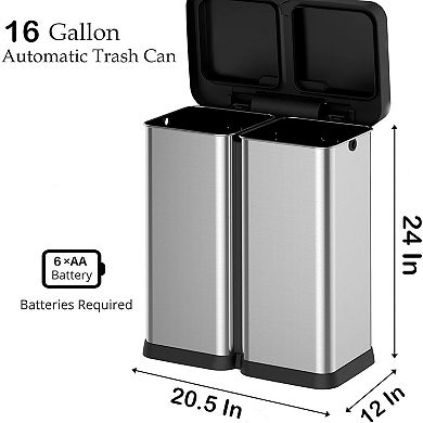 15.8 Gallon Automatic Motion Sensor Trash Can,Stainless Steel Dual Compartment Garbage Bin