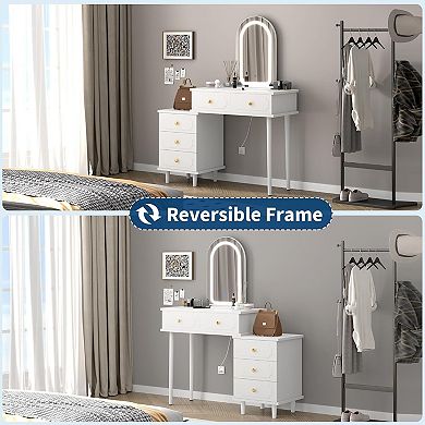 Makeup Vanity Desk with Mirror and Lights, Dressing Table with 2 Drawers & 3-Drawers Cabinet