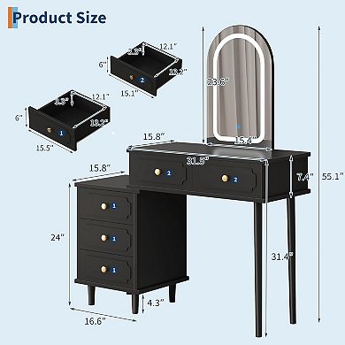 Makeup Vanity Desk with Mirror and Lights, Dressing Table with 2 Drawers & 3-Drawers Cabinet