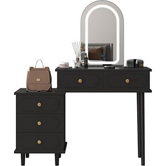 Makeup Vanity Desk with Mirror and Lights, Dressing Table with 2 Drawers & 3-Drawers Cabinet