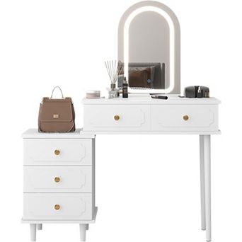 Makeup Vanity Desk with Mirror and Lights, Dressing Table with 2 Drawers & 3-Drawers Cabinet