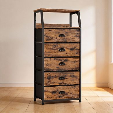 Tall Fabric Drawer Tower Steel Frame Wood Top Bedroom Organizer