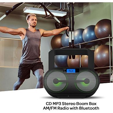 CD Boombox with AM/FM Radio, Bluetooth, USB, AUX-In, MP3 CDs, Bass Boost, Party Lights