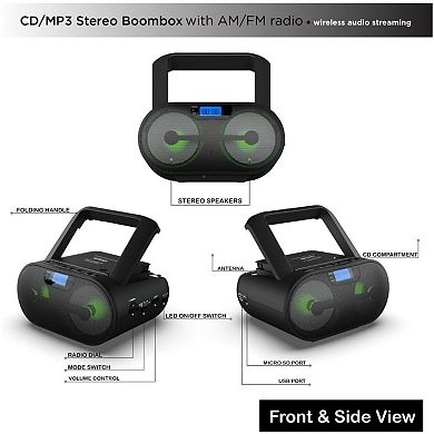 CD Boombox with AM/FM Radio, Bluetooth, USB, AUX-In, MP3 CDs, Bass Boost, Party Lights