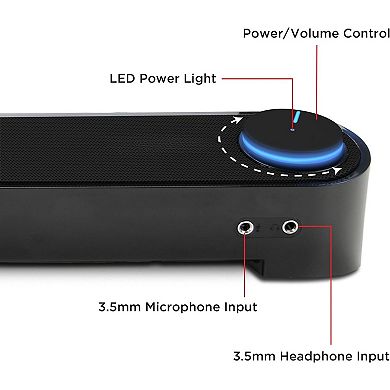 Sleek Low-Profile Soundbar - USB & Aux - Clear Stereo Sound - Shared Ports