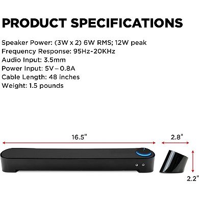 Sleek Low-Profile Soundbar - USB & Aux - Clear Stereo Sound - Shared Ports