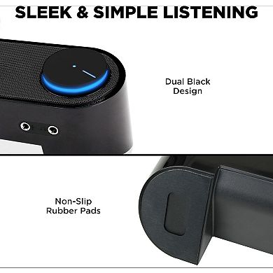 Sleek Low-Profile Soundbar - USB & Aux - Clear Stereo Sound - Shared Ports
