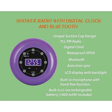 Shower Clock Radio, PLL FM Radio, Bluetooth with Hand-Free Function, LCD Display
