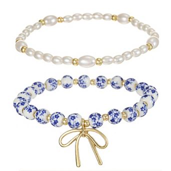 City Luxe Gold Tone 2 pc Simulated Pearl & Ceramic Blue Bead Bracelet Set