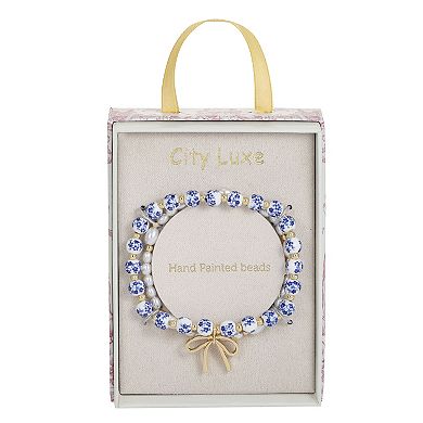 City Luxe Gold Tone 2-Piece Simulated Pearl & Ceramic Blue Bead Bracelet Set