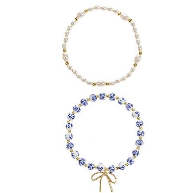 City Luxe Gold Tone 2-Piece Simulated Pearl & Ceramic Blue Bead Bracelet Set