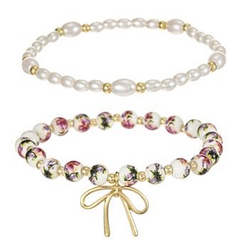 City Luxe Gold Tone 2 pc Hand Painted Ceramic Pink Bead & Simulated Pearl Bracelet Set