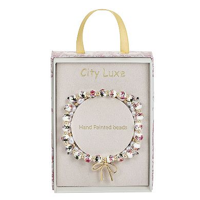 City Luxe Gold Tone 2-Piece Hand Painted Ceramic Pink Bead & Simulated Pearl Bracelet Set