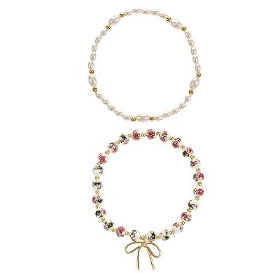 City Luxe Gold Tone 2-Piece Hand Painted Ceramic Pink Bead & Simulated Pearl Bracelet Set