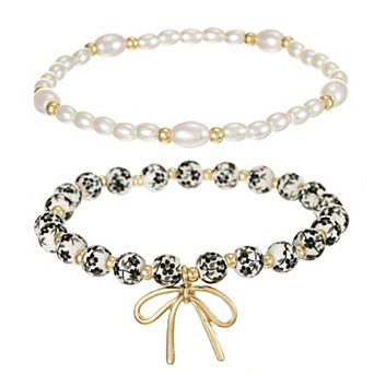 City Luxe Gold Tone 2 pc Simulated Pearl & Ceramic Black Bead Bracelet Set