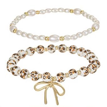 City Luxe Gold Tone 2 pc Hand Painted Ceramic Brown Bead & Simulated Pearl Bracelet Set