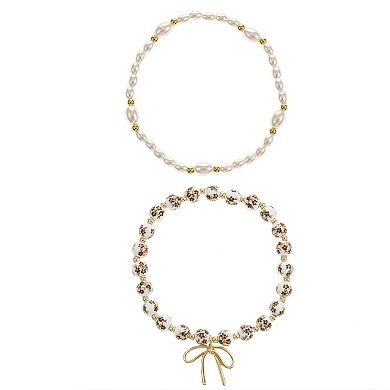 City Luxe Gold Tone 2-Piece Hand Painted Ceramic Brown Bead & Simulated Pearl Bracelet Set