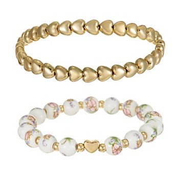 City Luxe Gold Tone 2 pc Heart Bead & Polished Bracelet Set