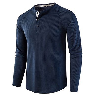 Men's Henry Collar Long Sleeved Waffle T-shirt Top