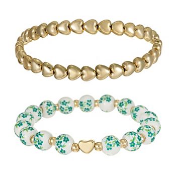 City Luxe Gold Tone 2 pc Green Bead & Heart Bracelet Set