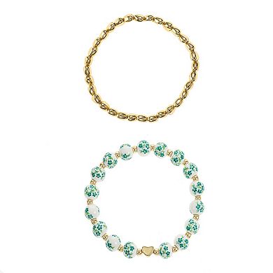 City Luxe Gold Tone 2-Piece Green Bead & Heart Bracelet Set