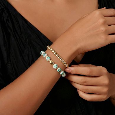 City Luxe Gold Tone 2-Piece Green Bead & Heart Bracelet Set