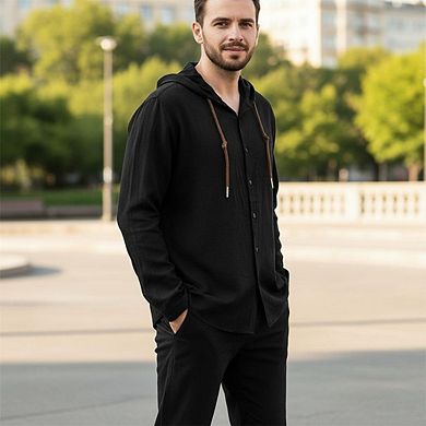 Men's Long Sleeve Casual Hooded T-Shirt in Solid Color Cotton and Linen