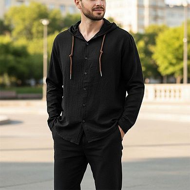 Men's Long Sleeve Casual Hooded T-Shirt in Solid Color Cotton and Linen