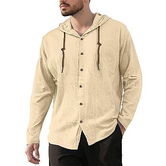 Men's Long Sleeve Casual Hooded T-Shirt in Solid Color Cotton and Linen