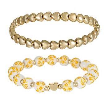 City Luxe Gold Tone 2 pc Yellow Bead & Heart Bracelet Set
