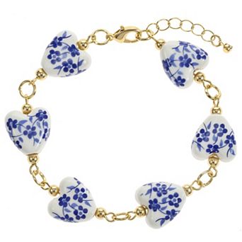 City Luxe Gold Tone Hand Painted Ceramic Blue Heart Beaded Bracelet