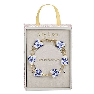 City Luxe Gold Tone Hand Painted Ceramic Blue Heart Beaded Bracelet