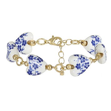 City Luxe Gold Tone Hand Painted Ceramic Blue Heart Beaded Bracelet