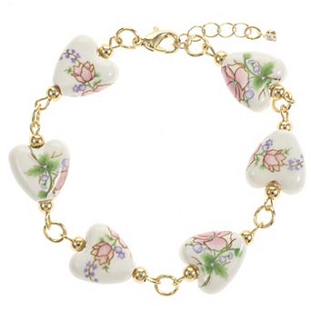 City Luxe Gold Tone Hand Painted Ceramic Pink Heart Beaded Bracelet