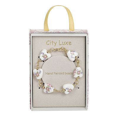 City Luxe Gold Tone Hand Painted Ceramic Pink Heart Beaded Bracelet