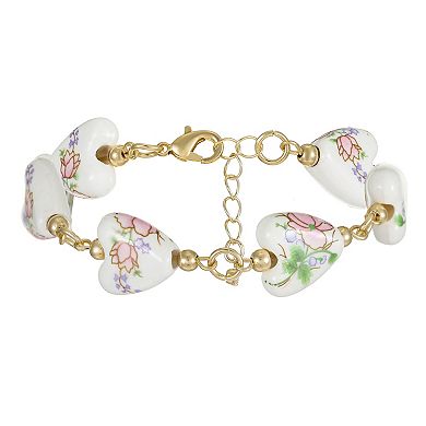 City Luxe Gold Tone Hand Painted Ceramic Pink Heart Beaded Bracelet