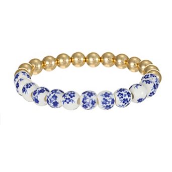 City Luxe Gold Tone Hand Painted Ceramic Blue & Polished Bead Stretch Bracelet