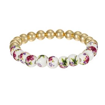 City Luxe Gold Tone Hand Painted Ceramic Pink & Polished Bead Stretch Bracelet