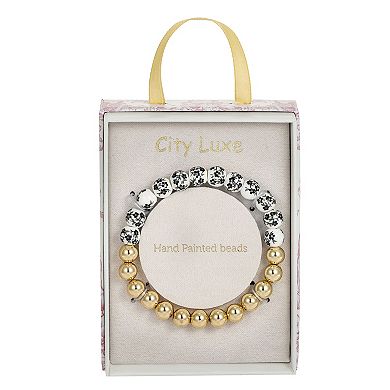 City Luxe Gold Tone Hand Painted Ceramic Black & Polished Bead Stretch Bracelet