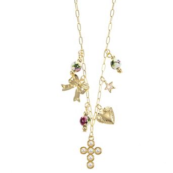 City Luxe Gold Tone Pink Bead & Simulated Pearl Charm Necklace
