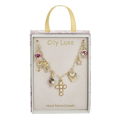 City Luxe Gold Tone Pink Bead & Simulated Pearl Charm Necklace