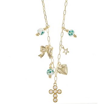 City Luxe Gold Tone Green Bead & Simulated Pearl Charm Necklace